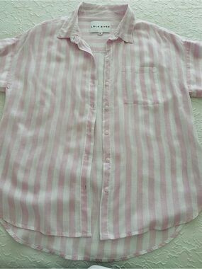 Lola River Women’s Pink White Striped Tencel Linen Button Up Shirt Size M